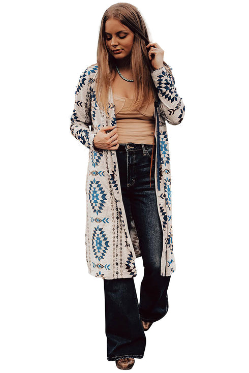 Western Geometric Print Long Sleeve Open Front Cardigan