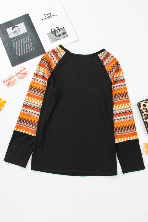 Western Geometric Print Patchwork Raglan Sleeve Knit Tee