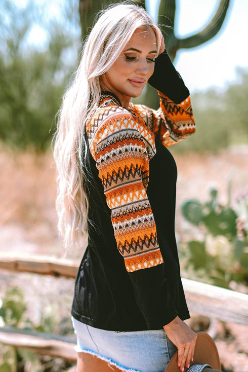 Western Geometric Print Patchwork Raglan Sleeve Knit Tee