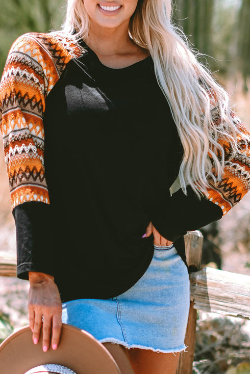 Western Geometric Print Patchwork Raglan Sleeve Knit Tee