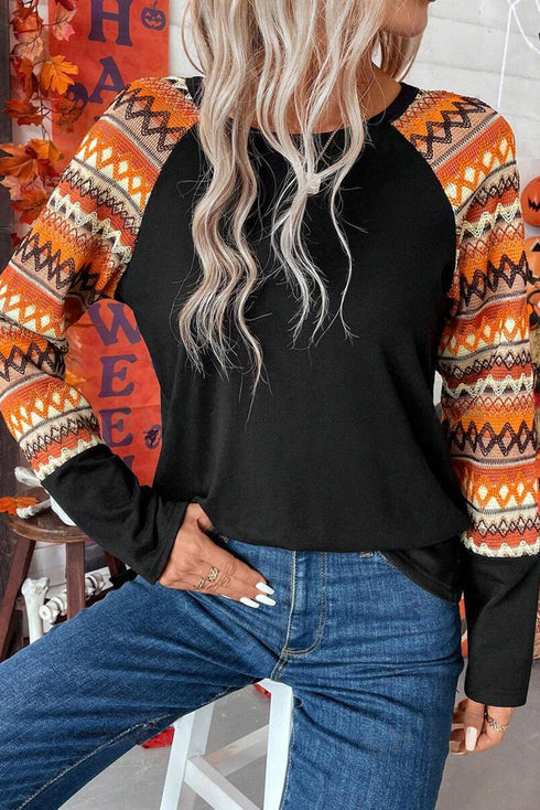 Western Geometric Print Patchwork Raglan Sleeve Knit Tee