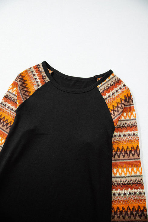 Western Geometric Print Patchwork Raglan Sleeve Knit Tee