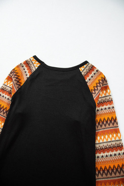 Western Geometric Print Patchwork Raglan Sleeve Knit Tee