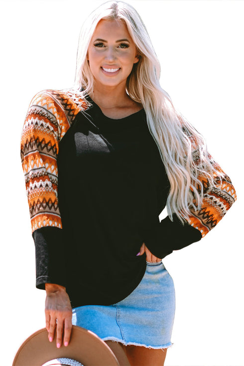 Western Geometric Print Patchwork Raglan Sleeve Knit Tee