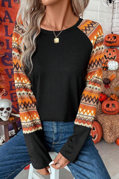 Western Geometric Print Patchwork Raglan Sleeve Knit Tee