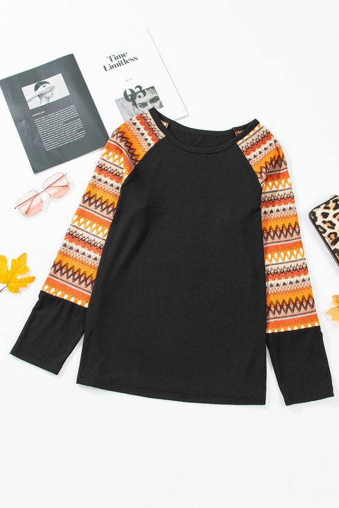 Western Geometric Print Patchwork Raglan Sleeve Knit Tee