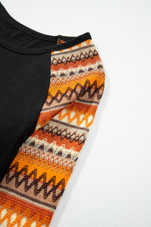Western Geometric Print Patchwork Raglan Sleeve Knit Tee
