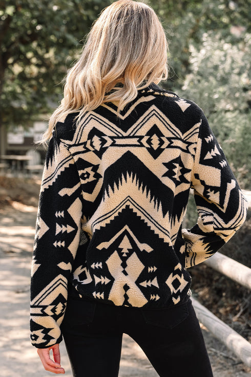 Western Geometric Print Quarter Snap Sherpa Pullover