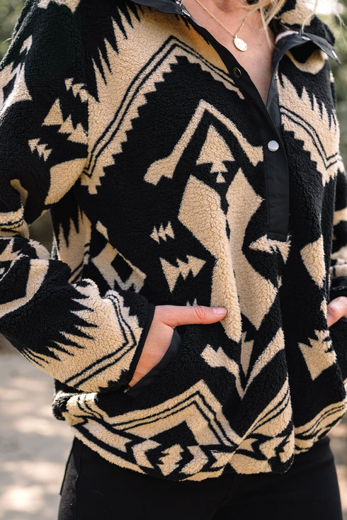Western Geometric Print Quarter Snap Sherpa Pullover