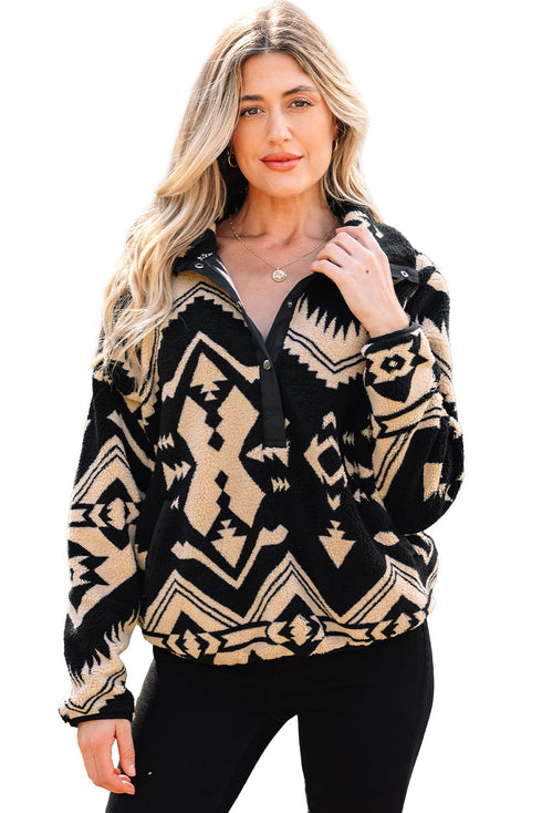 Western Geometric Print Quarter Snap Sherpa Pullover