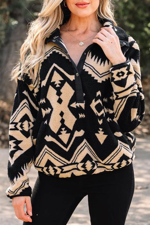 Western Geometric Print Quarter Snap Sherpa Pullover
