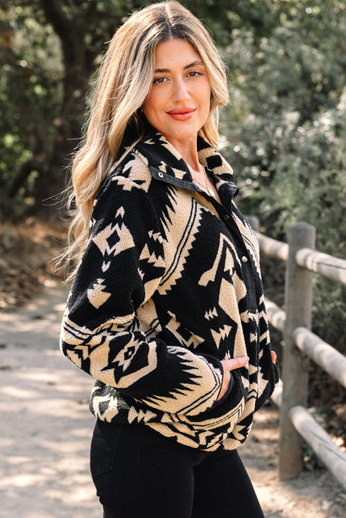 Western Geometric Print Quarter Snap Sherpa Pullover