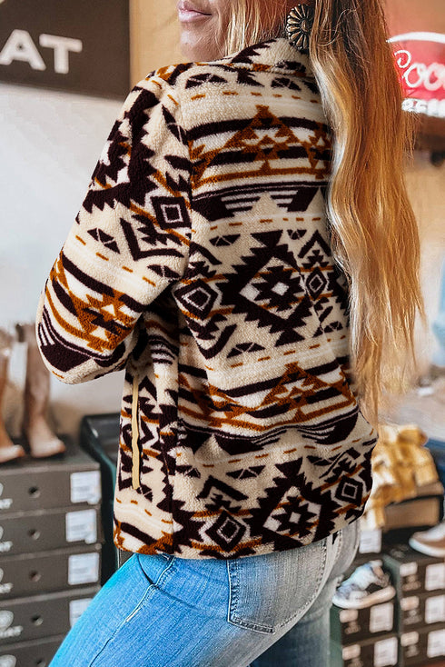 Western Geometric Print Quarter Snap Sherpa Pullover