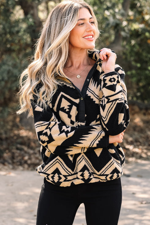 Western Geometric Print Quarter Snap Sherpa Pullover