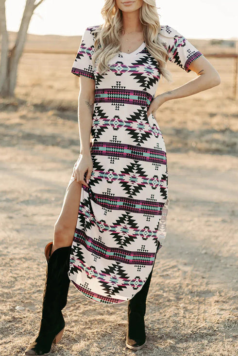 Western Geometric Print Short Sleeve Maxi Dress