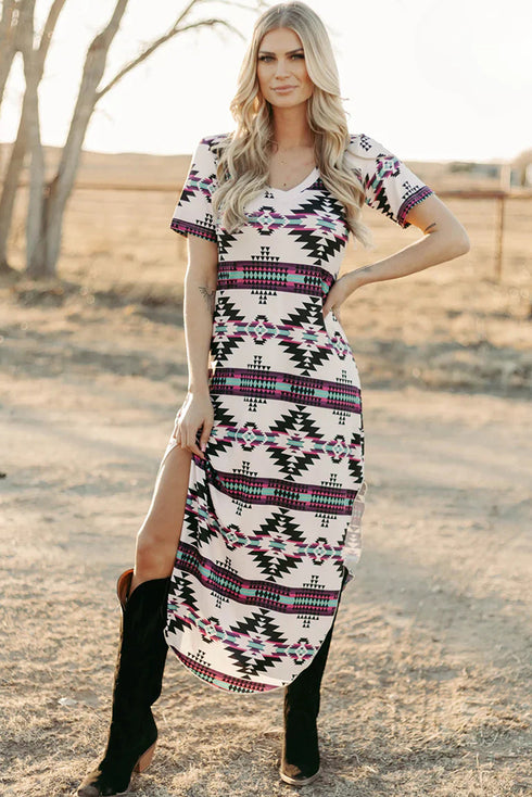 Western Geometric Print Short Sleeve Maxi Dress