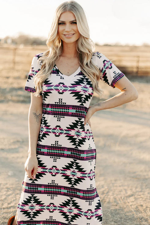 Western Geometric Print Short Sleeve Maxi Dress