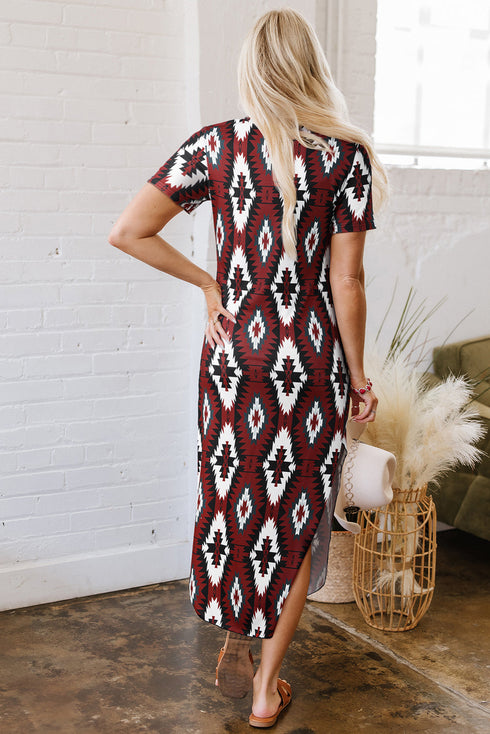Western Geometric Print Short Sleeve Maxi Dress