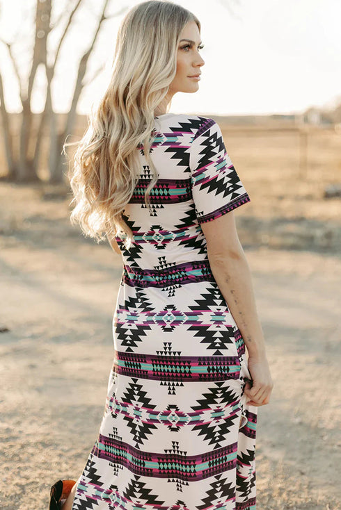 Western Geometric Print Short Sleeve Maxi Dress