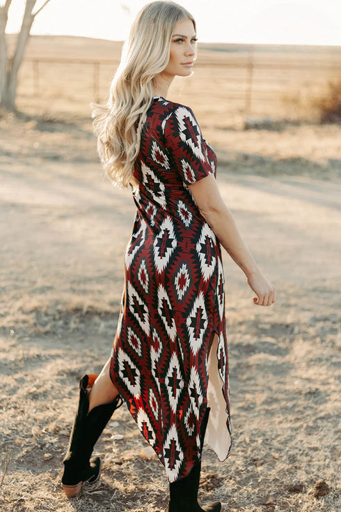 Western Geometric Print Short Sleeve Maxi Dress