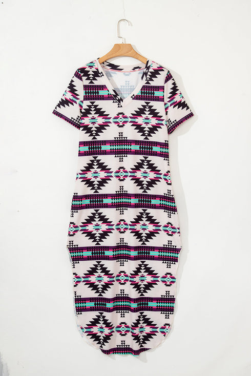 Western Geometric Print Short Sleeve Maxi Dress