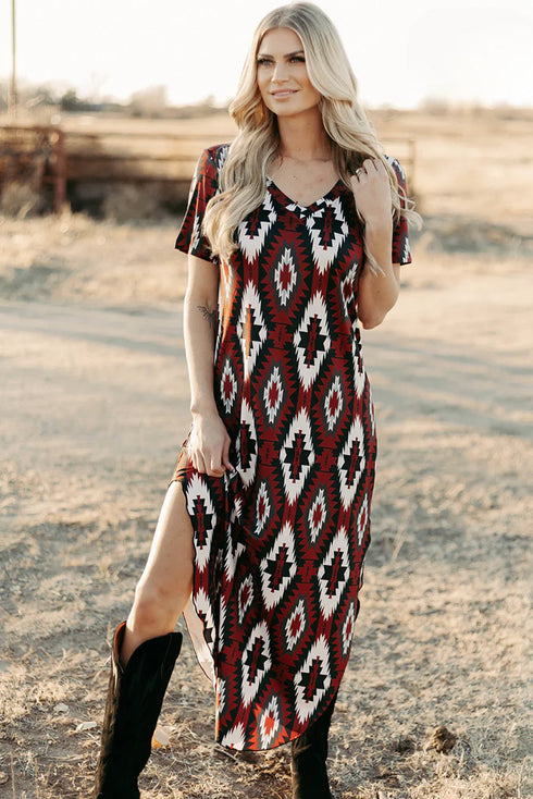 Western Geometric Print Short Sleeve Maxi Dress
