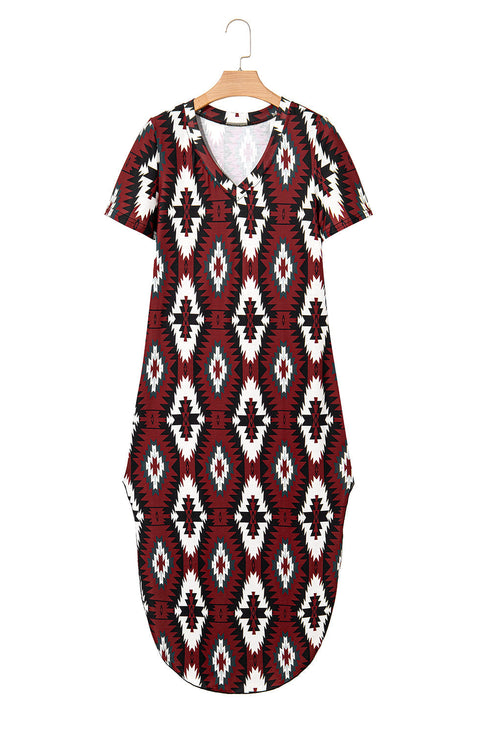 Western Geometric Print Short Sleeve Maxi Dress