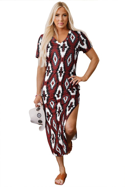 Western Geometric Print Short Sleeve Maxi Dress
