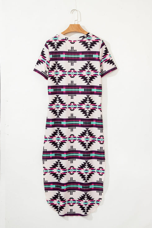 Western Geometric Print Short Sleeve Maxi Dress
