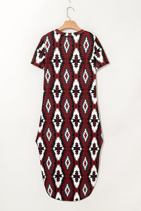 Western Geometric Print Short Sleeve Maxi Dress