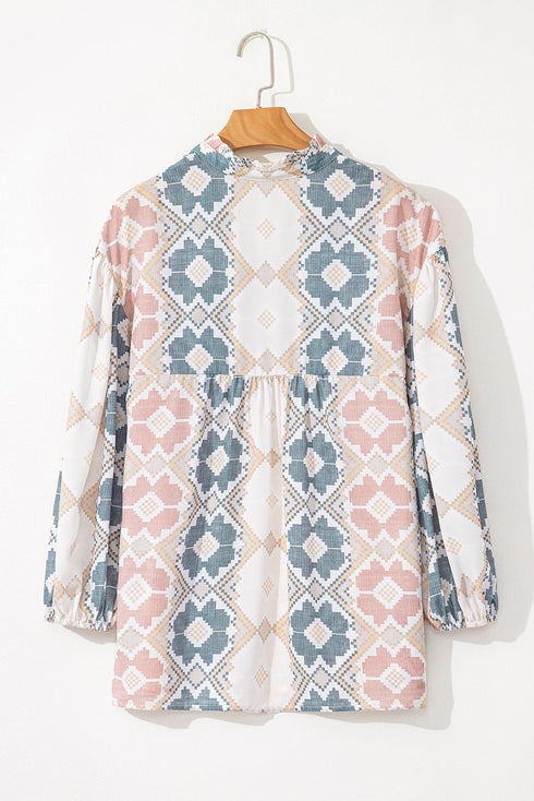 Western Geometric Print Tassel Tie Split Neck Balloon Sleeve Blouse