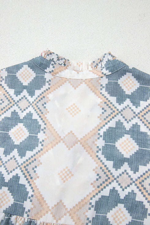 Western Geometric Print Tassel Tie Split Neck Balloon Sleeve Blouse