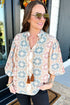 Western Geometric Print Tassel Tie Split Neck Balloon Sleeve Blouse