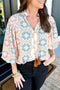 Western Geometric Print Tassel Tie Split Neck Balloon Sleeve Blouse