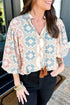 Western Geometric Print Tassel Tie Split Neck Balloon Sleeve Blouse