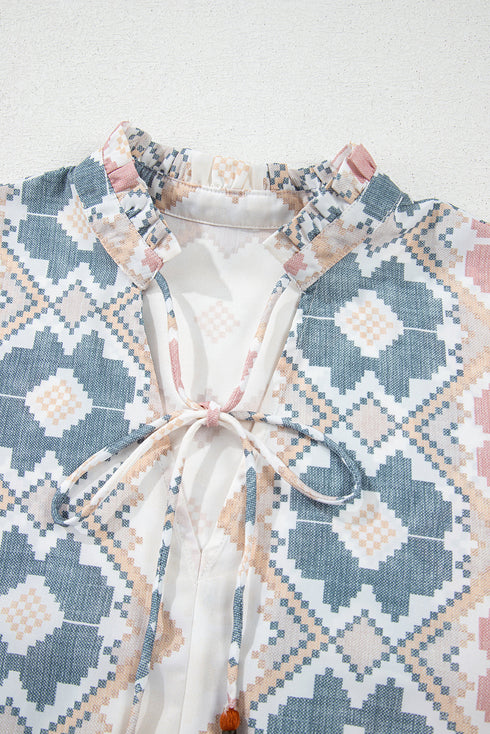 Western Geometric Print Tassel Tie Split Neck Balloon Sleeve Blouse