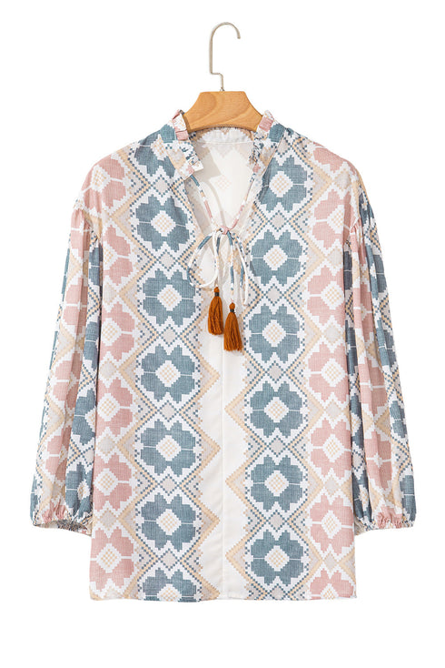 Western Geometric Print Tassel Tie Split Neck Balloon Sleeve Blouse