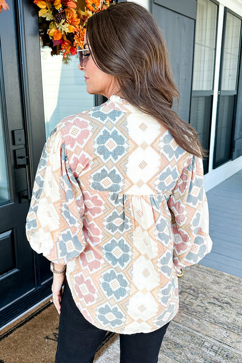 Western Geometric Print Tassel Tie Split Neck Balloon Sleeve Blouse