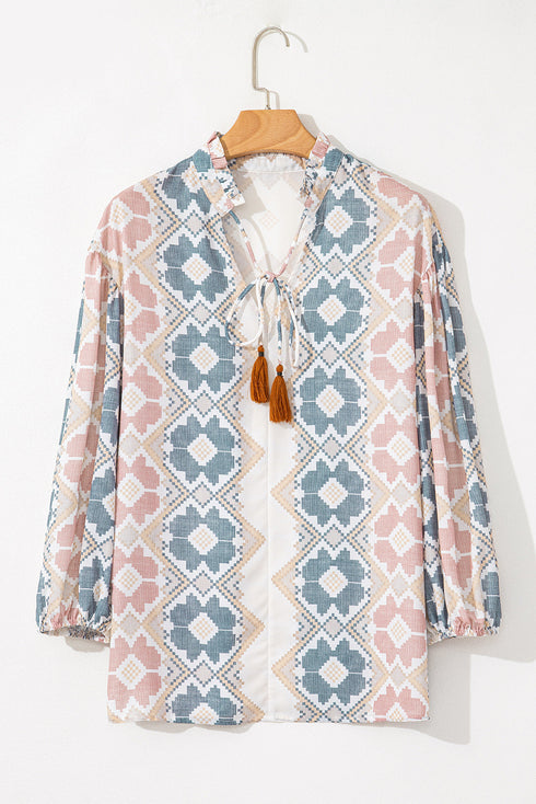 Western Geometric Print Tassel Tie Split Neck Balloon Sleeve Blouse