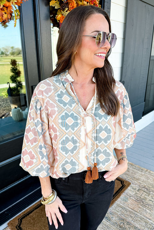 Western Geometric Print Tassel Tie Split Neck Balloon Sleeve Blouse