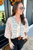 Western Geometric Print Tassel Tie Split Neck Balloon Sleeve Blouse