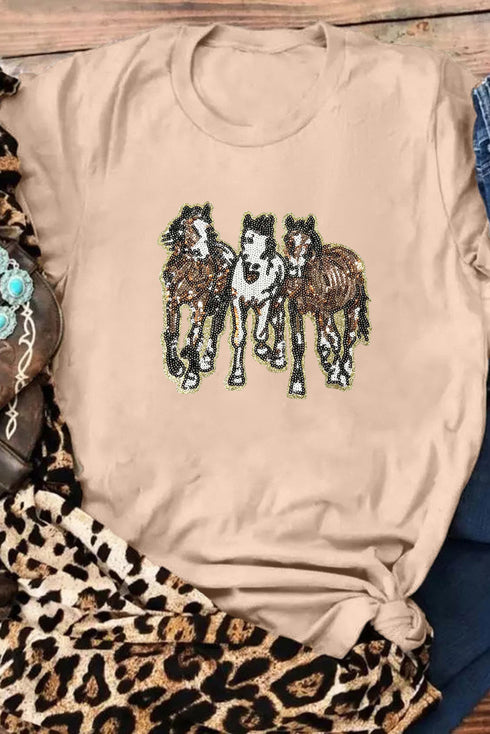 Western Glam Sequin Horse Trio Graphic Short Sleeve Tee