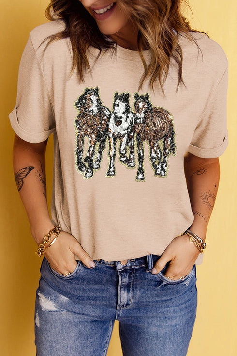 Western Glam Sequin Horse Trio Graphic Short Sleeve Tee