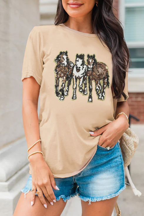 Western Glam Sequin Horse Trio Graphic Short Sleeve Tee