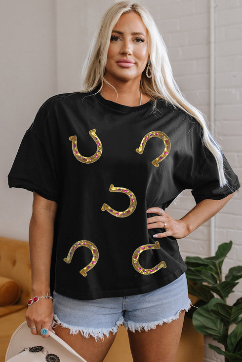 Western Glam Sequin Horseshoe Print High Low Tunic Tee