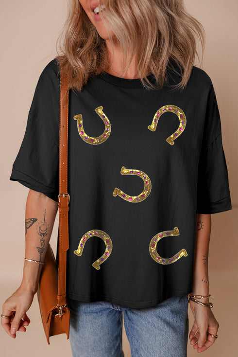 Western Glam Sequin Horseshoe Print High Low Tunic Tee