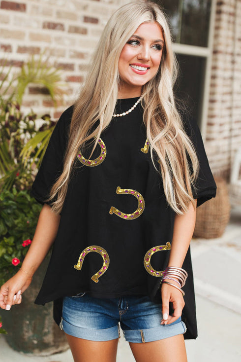 Western Glam Sequin Horseshoe Print High Low Tunic Tee