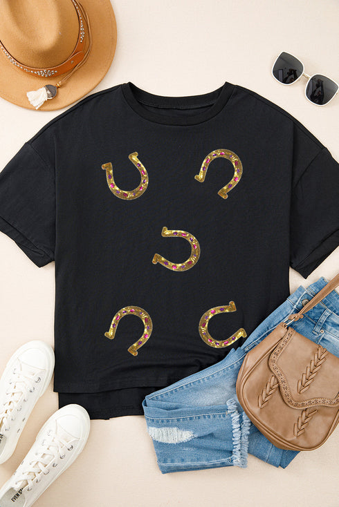 Western Glam Sequin Horseshoe Print High Low Tunic Tee