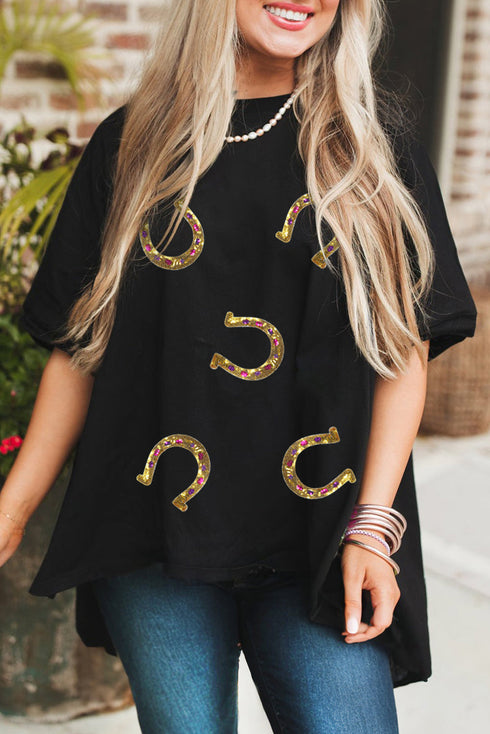 Western Glam Sequin Horseshoe Print High Low Tunic Tee