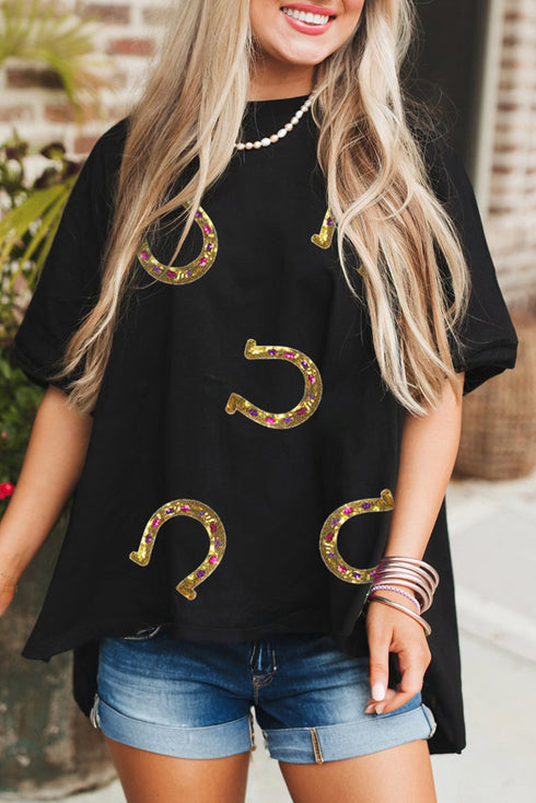 Western Glam Sequin Horseshoe Print High Low Tunic Tee
